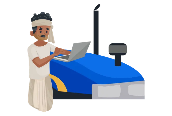 Farmer using laptop on tractor top  Illustration