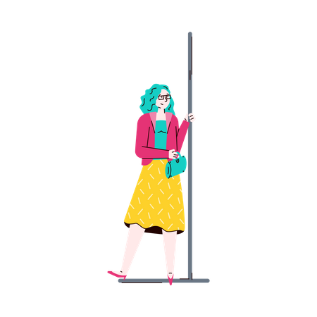 Fashionable woman holding handrails in subway train  Illustration