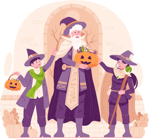 Father and His Son and Daughter Dressed in Halloween Costumes Ready to Trick or Treating  イラスト