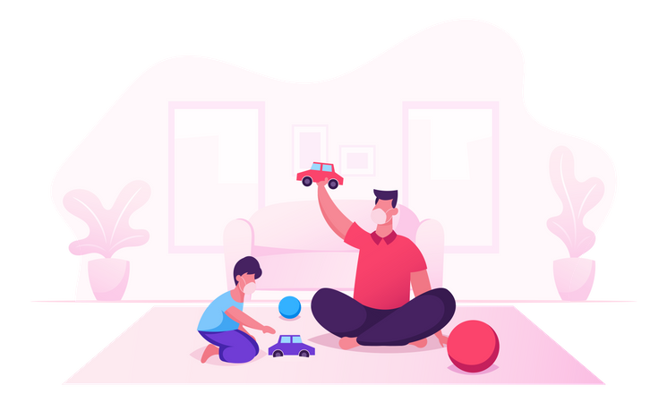 Father And Little Son Playing Toys During Covid19  Illustration