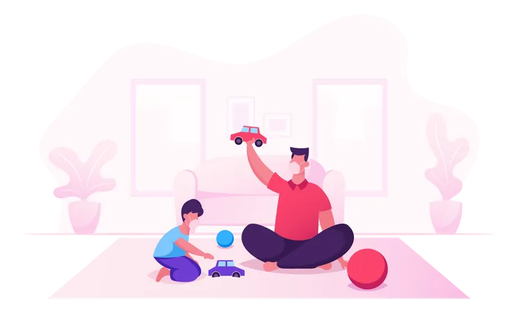 Father And Little Son Playing Toys During Covid19  Illustration