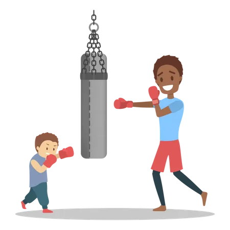 Father and son dressed in sportswear boxing  Illustration