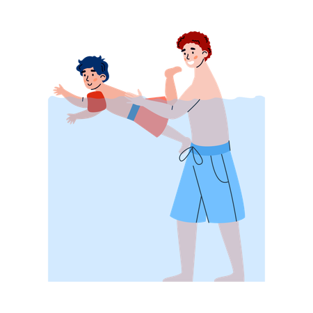 Father and son enjoying in swimming pool  Illustration