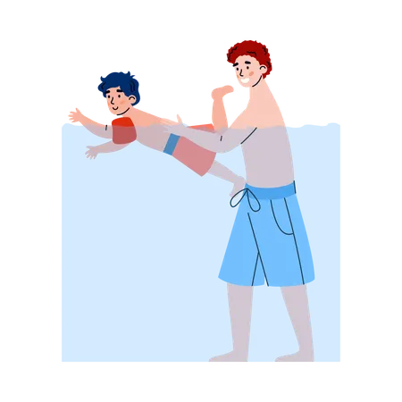 Father and son enjoying in swimming pool  Illustration