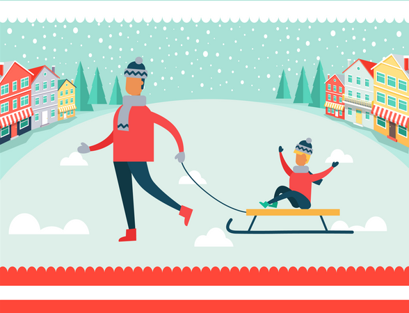 Father and Son on Sled Winter  Illustration