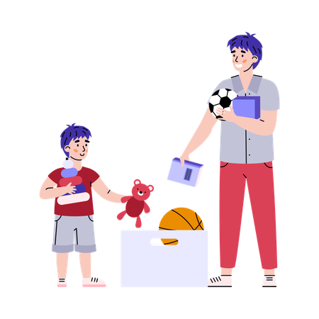 Father and son tidying up toys into box  Illustration