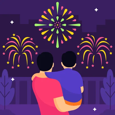 Father and son watching fireworks  Illustration