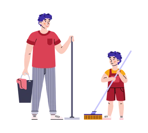 Father and son with mops ready to clean house  Illustration