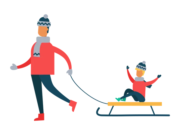 Father Carrying Child on Sleigh Son and Dad  Illustration