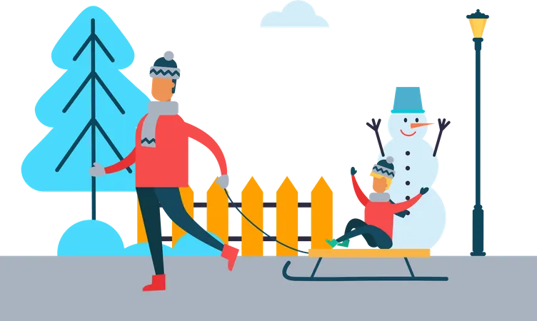 Father Carrying Child on Sleigh Son and Dad  Illustration