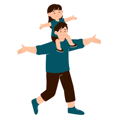 Father carrying daughter on shoulder  Illustration