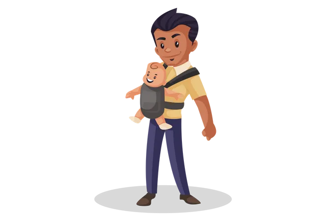 Father carrying kid in baby carry bag  Illustration