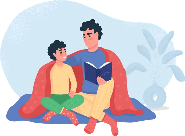 Father reading story to son while sitting together  Illustration