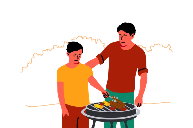 Father teaching son to cook BBQ  Illustration