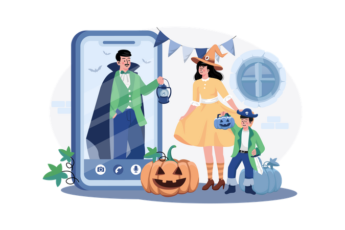 Father wishing happy Halloween to family through video call  Illustration