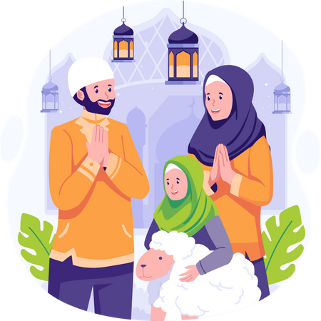 Feliz família muçulmana cumprimentando Eid Al Adha  Ilustração