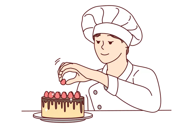 Female baker decorating cake  Illustration