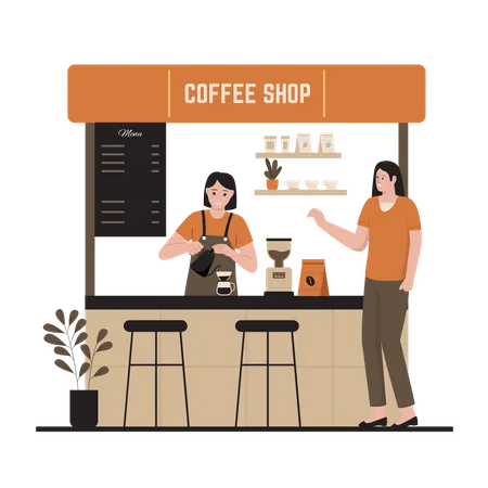 Female barista making coffee at street shop  Illustration