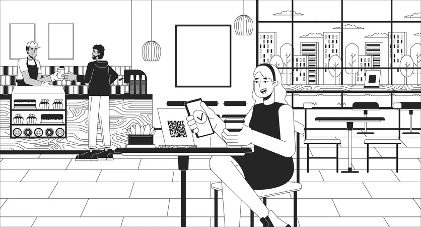 Female cafe customer scanning qr code  Illustration