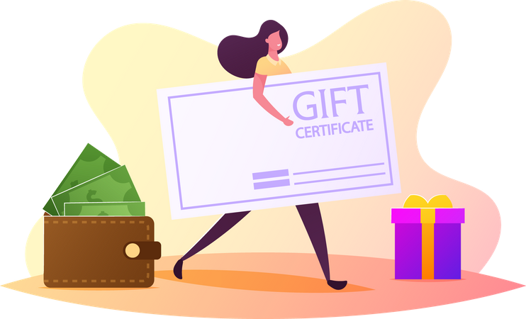 Female Carry Gift Certificate near Gift Box and Wallet with Money  Illustration