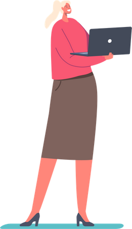 Female Character Standing with Laptop  Illustration