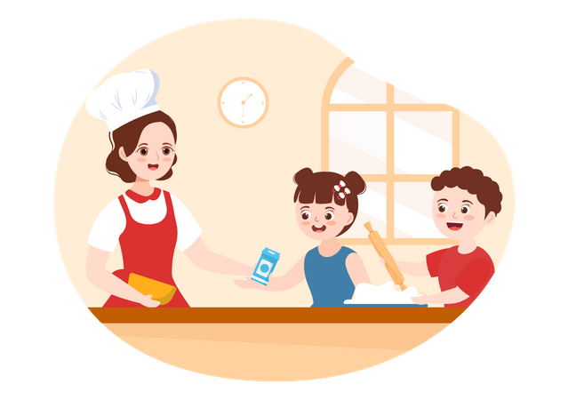 Female chef cooking with kids  Illustration