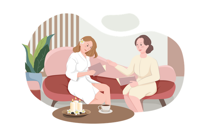 Female client siting in comfortable chair and reading Massage Menu  Illustration