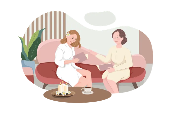 Female client siting in comfortable chair and reading Massage Menu  Illustration