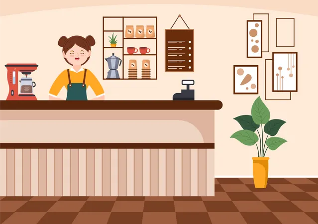 Female coffee shop owner wait for customers  Illustration