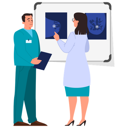 Female doctor and intern examine breast screen with mammary cancer  イラスト