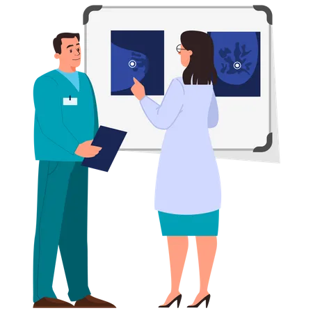 Female doctor and intern examine breast screen with mammary cancer  イラスト