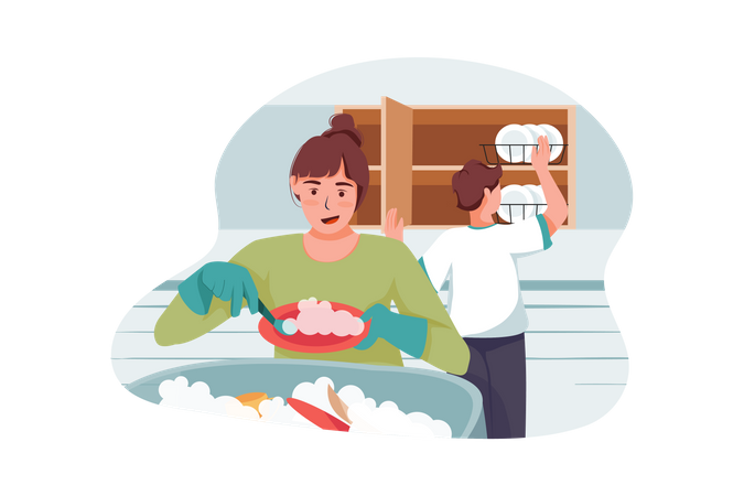 Female doing dish washing and man arranging them  Illustration