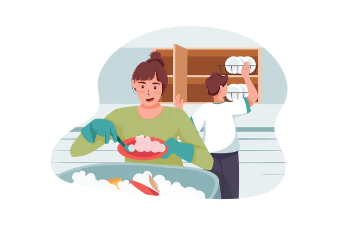 Female doing dish washing and man arranging them  Illustration