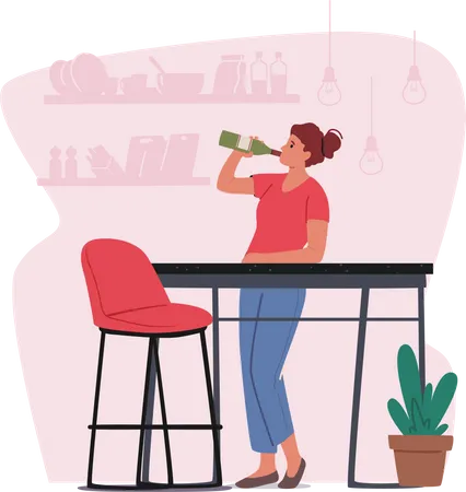 Female Drinking Wine from Bottle at Home  Illustration