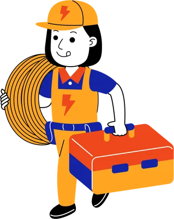 Female electrician carrying electric cable and tool box  Illustration