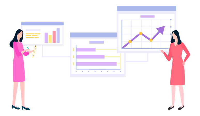 Female employees work with data analysis  일러스트레이션