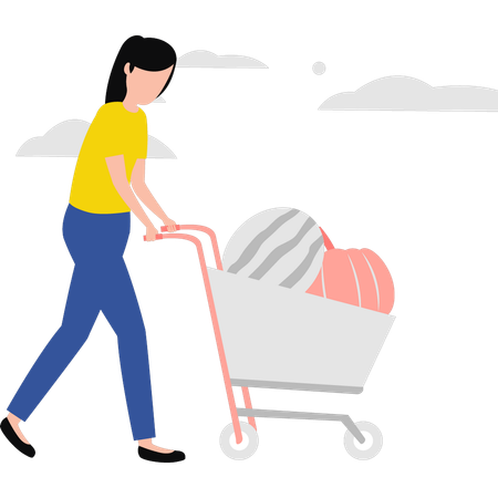 Female farmer carrying vegetables in wheelbarrow  Illustration