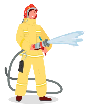 Female fire woman holding fire hose  イラスト