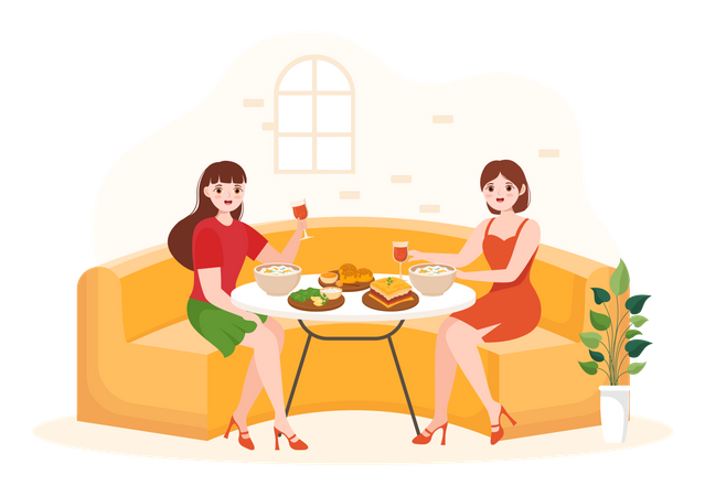 Female friends eating green food in restaurant  イラスト