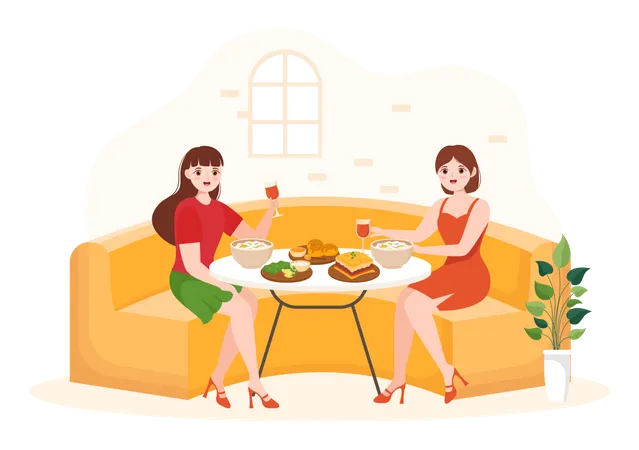 Female friends eating green food in restaurant  イラスト