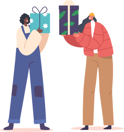 Female Giving Presents to Each Other for Festive  Illustration