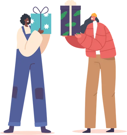 Female Giving Presents to Each Other for Festive  Illustration