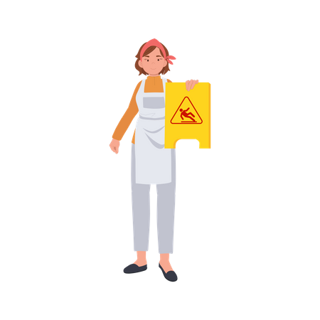 Female housekeeper showing caution wet floor sign  Illustration