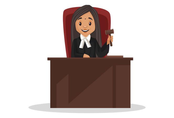 Female Judge sitting in courtroom holding hammer in hand  イラスト