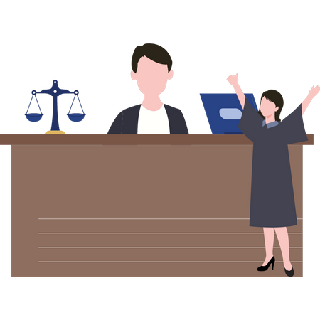 Female lawyer is standing in court talking to a judge  Illustration