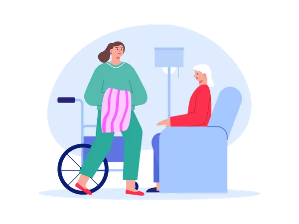 Female nurse helping handicapped woman  Illustration