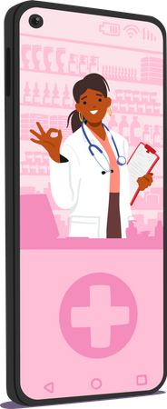 Female Pharmacist Displays ok Symbol On Phone Screen  イラスト