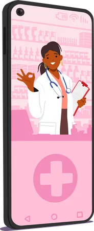 Female Pharmacist Displays ok Symbol On Phone Screen  イラスト