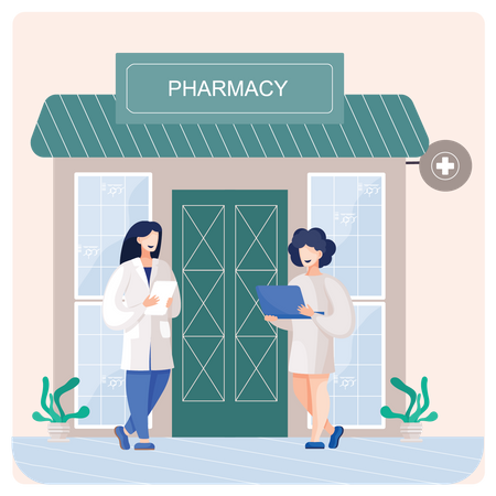 Female pharmacist holding medicine list  Illustration