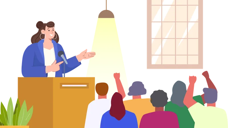 Female politician leader giving political speech  Illustration